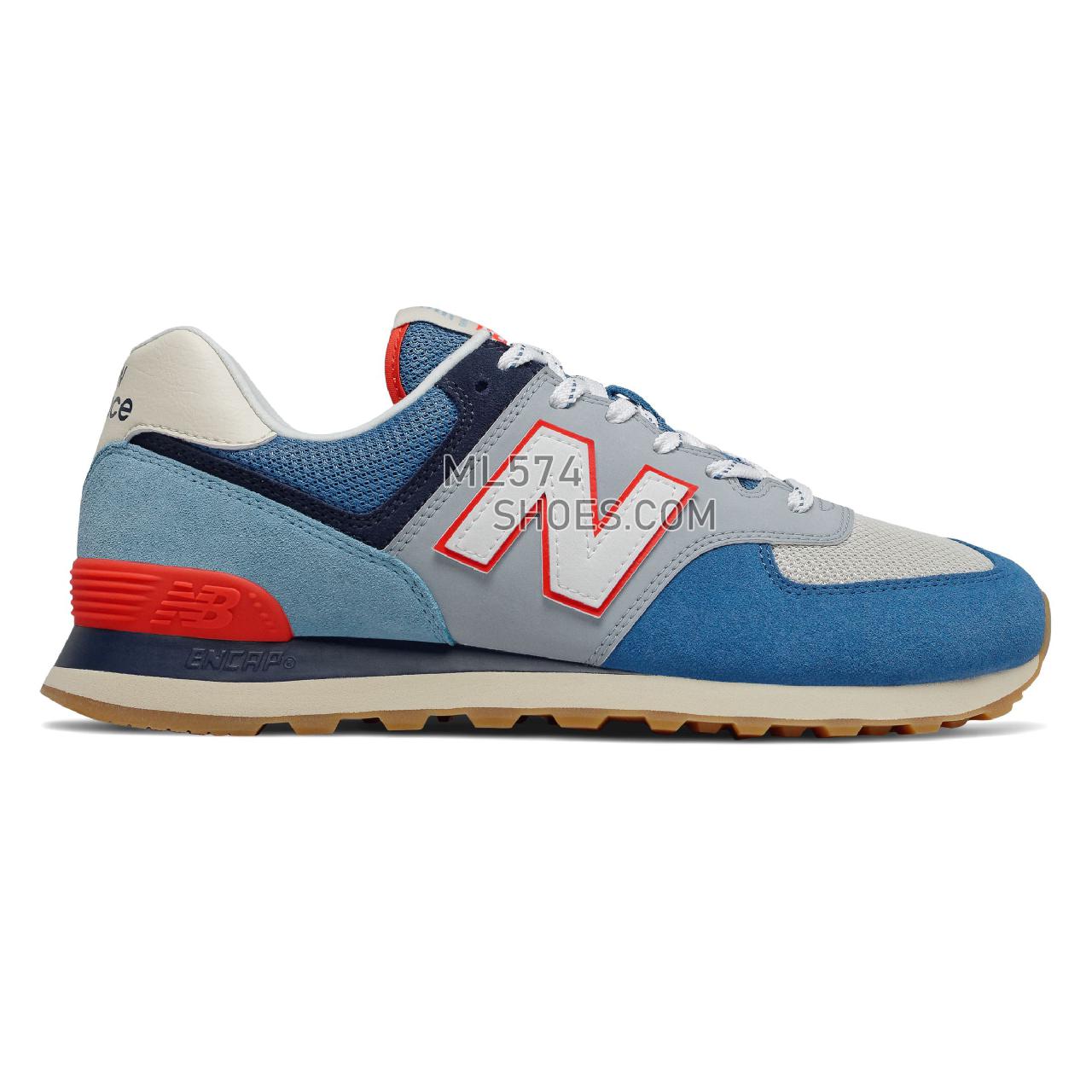 New Balance 574 - Men's Classic Sneakers - Mako Blue with Turtle Dove and Neo Flame - ML574SOS