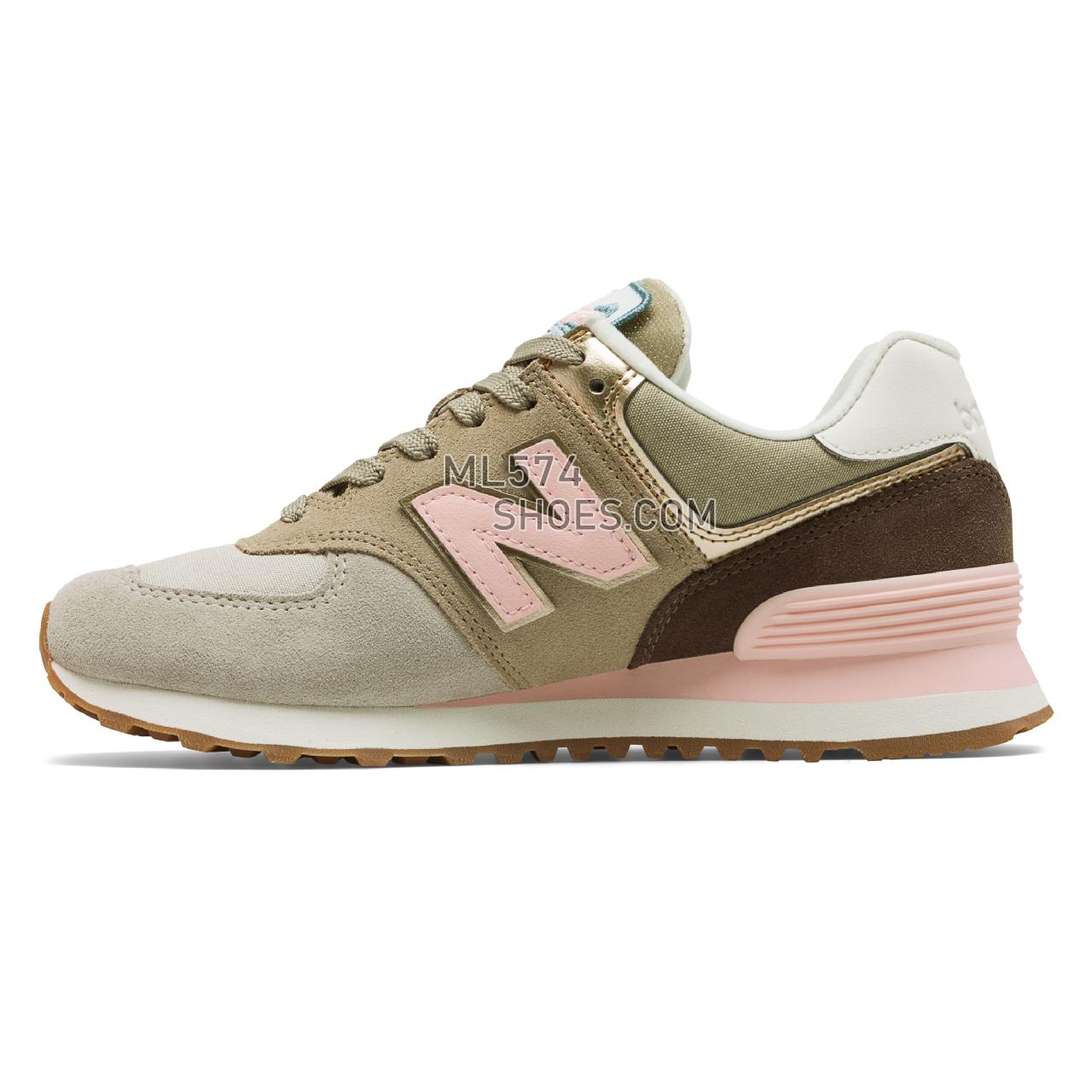New Balance 574 Metallic Patch - Women's Classic Sneakers - Light Cliff Grey with Light Gold - WL574MLA