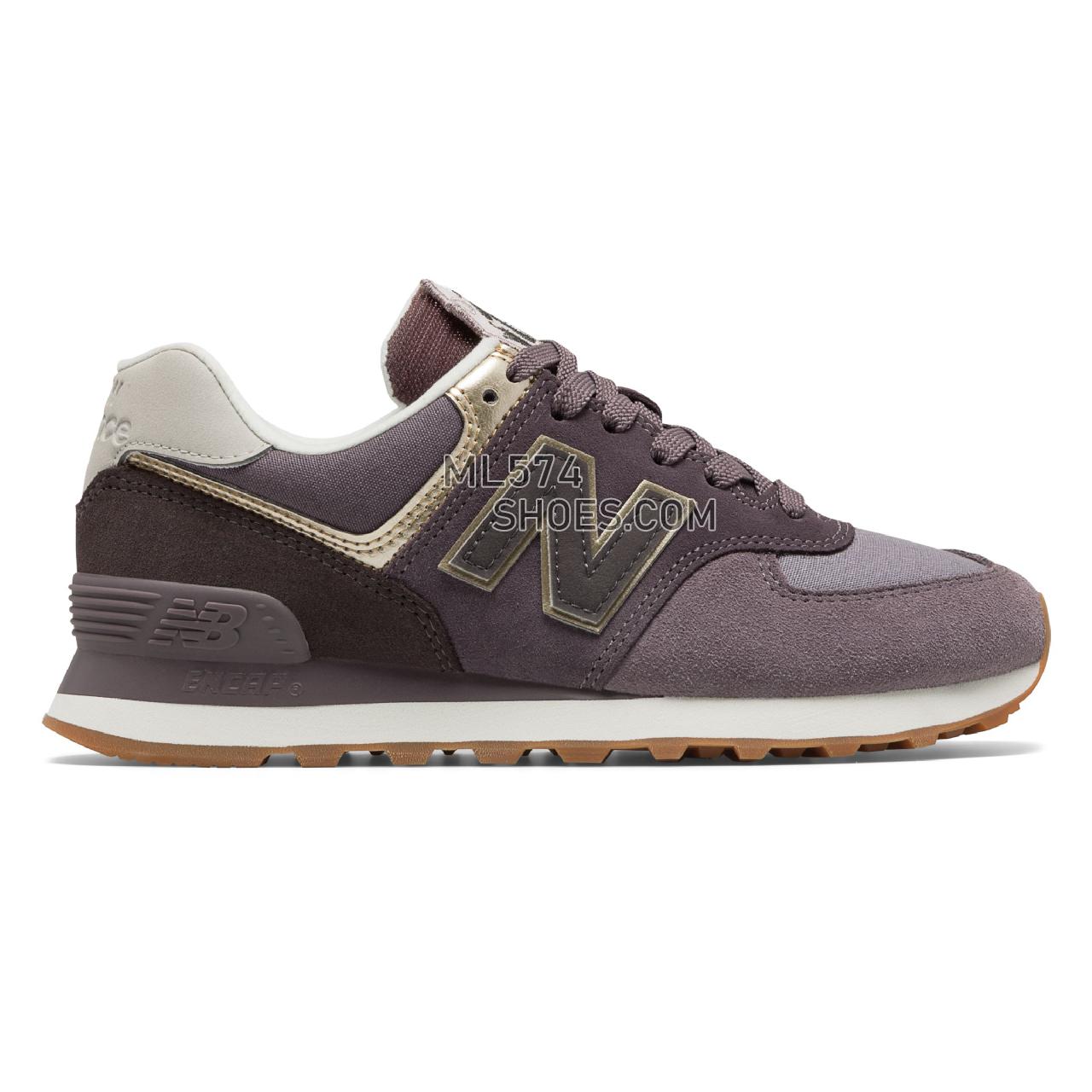 New Balance 574 Metallic Patch - Women's Classic Sneakers - Dark Cashmere with Light Gold - WL574MLB