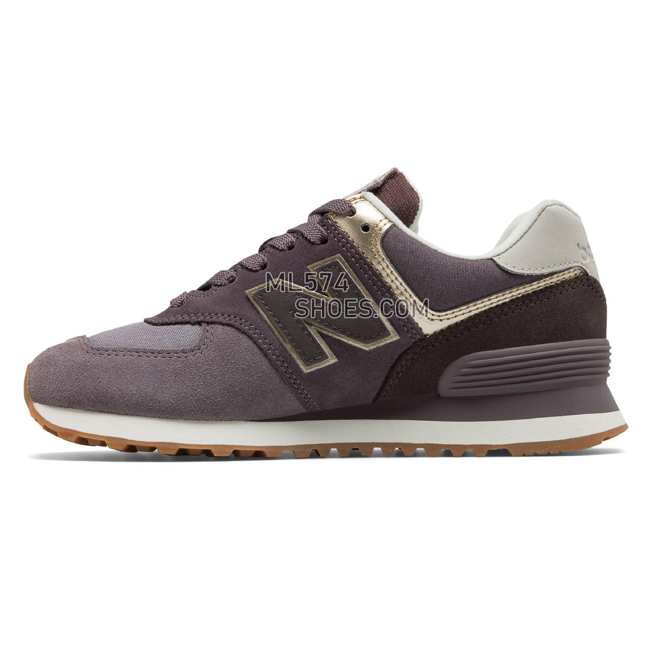 New Balance 574 Metallic Patch - Women's Classic Sneakers - Dark Cashmere with Light Gold - WL574MLB