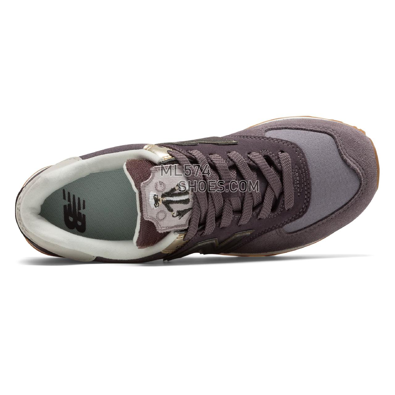 New Balance 574 Metallic Patch - Women's Classic Sneakers - Dark Cashmere with Light Gold - WL574MLB